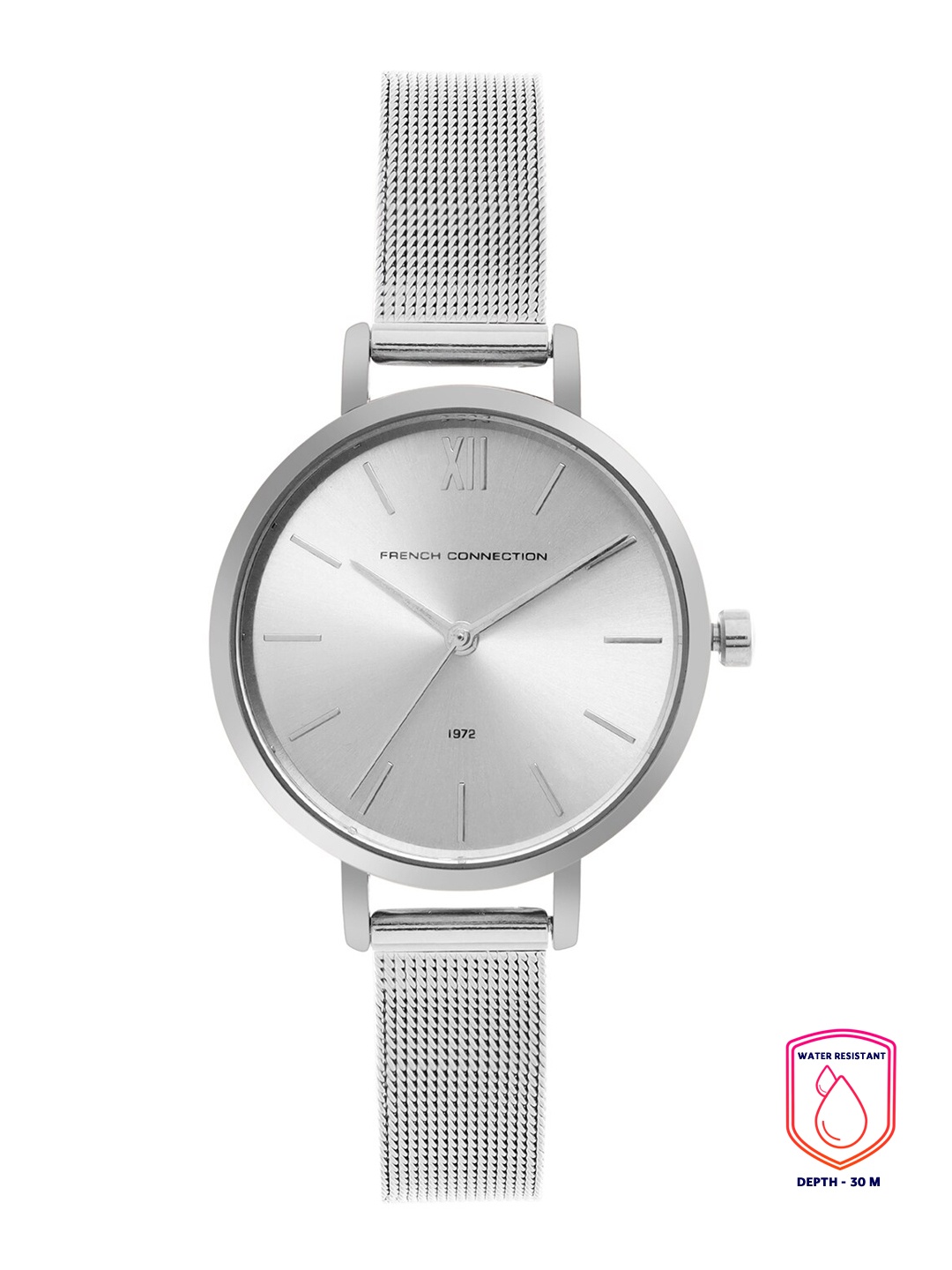 

French Connection Women Silver-Toned Dial & Silver Toned Stainless Steel Bracelet Style Straps Analogue Watch