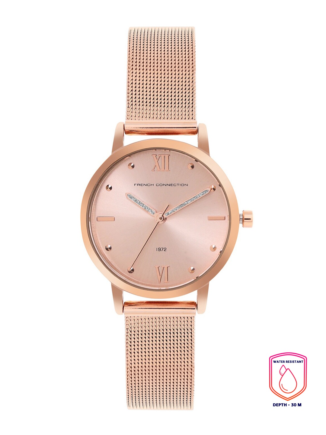 

French Connection Women Rose Gold-Toned Embellished Dial & Rose Gold Toned Stainless Steel Bracelet Style Watch