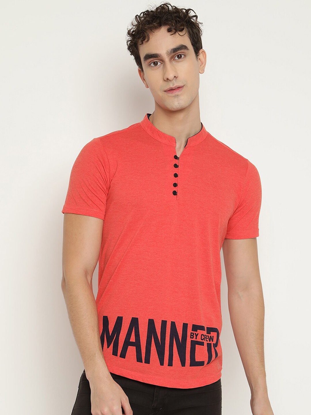 

V2 Value & Variety Men Orange Typography Printed Mandarin Collar T-shirt