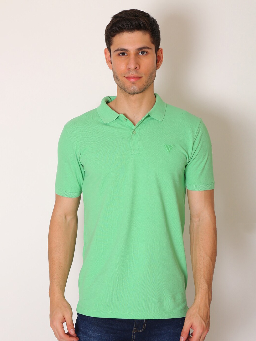 

VINSON Men Green Polo Collar Slim Fit T-shirt