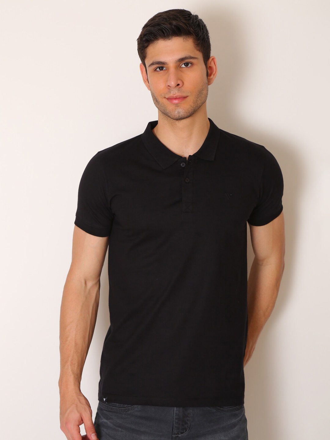 

VINSON Men Black Polo Collar Slim Fit Cotton T-shirt