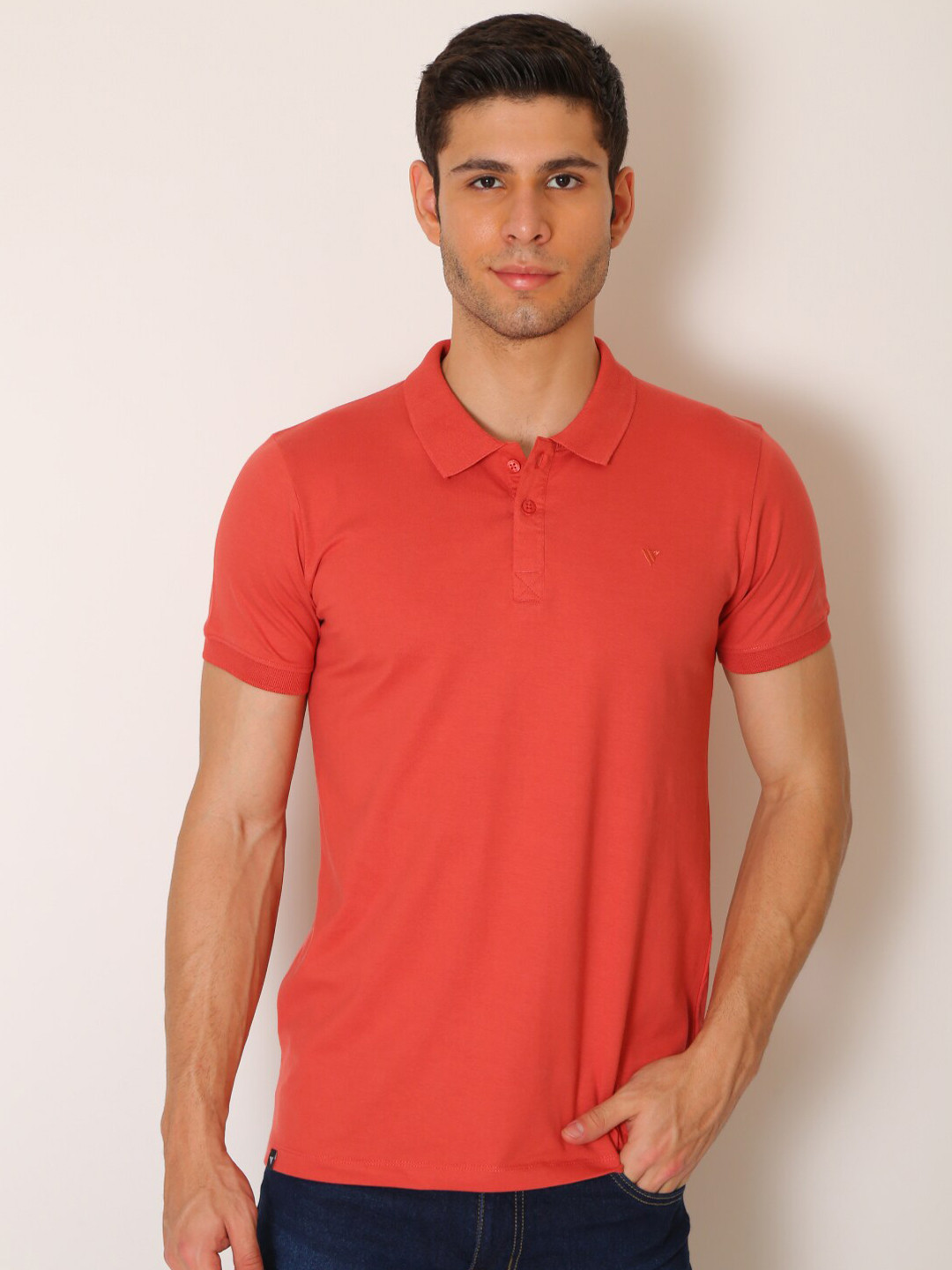 

VINSON Men Orange Polo Collar Slim Fit T-shirt