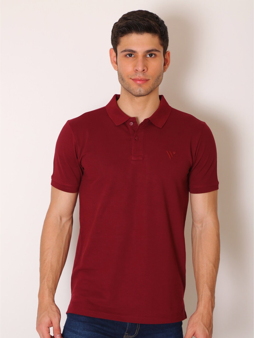 

VINSON Men Maroon V-Neck Raw Edge Slim Fit T-shirt