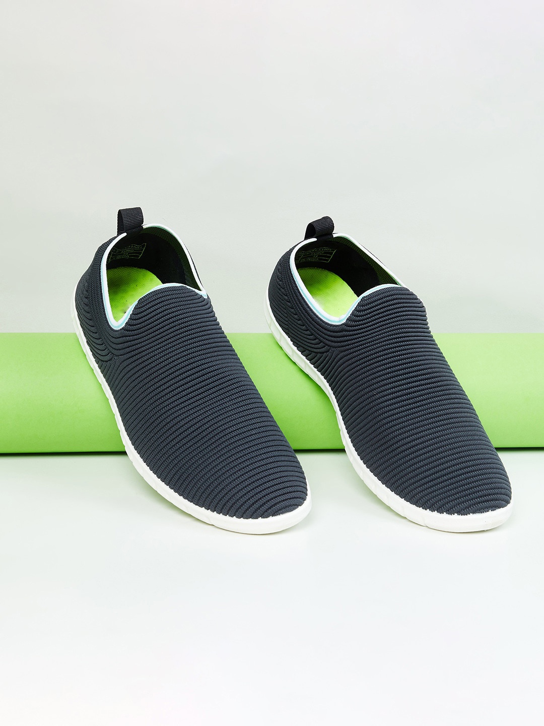 

max Men Dark Grey Striped PU Slip-On Sneakers