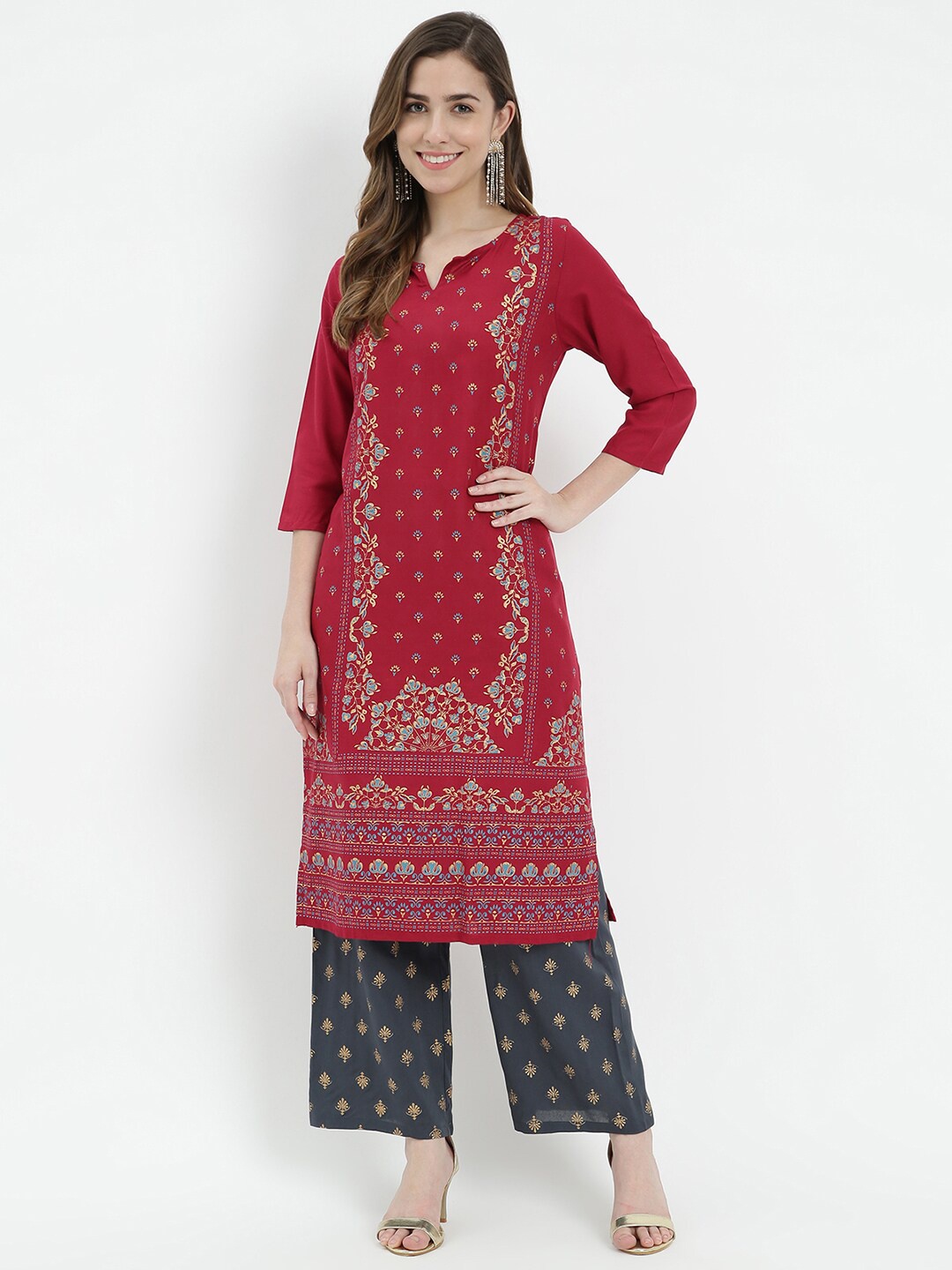 

V2 Value & Variety Women Maroon & Blue Ethnic Motifs Printed Straight Kurta