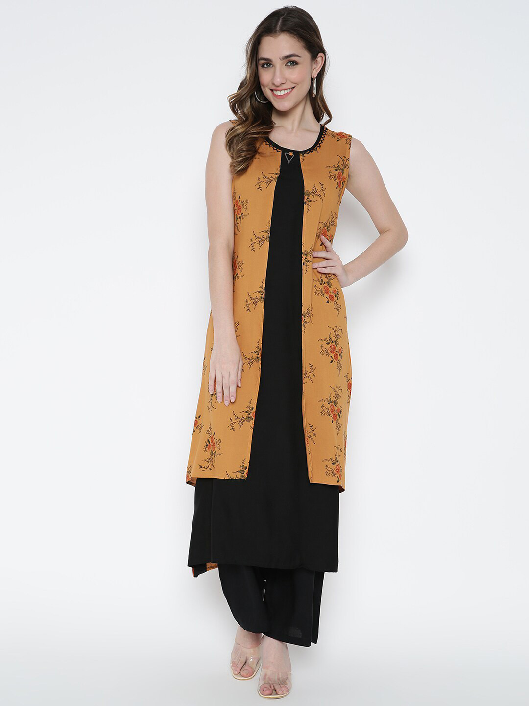 

V2 Value & Variety Women Mustard Yellow & Black Floral Printed Kurta
