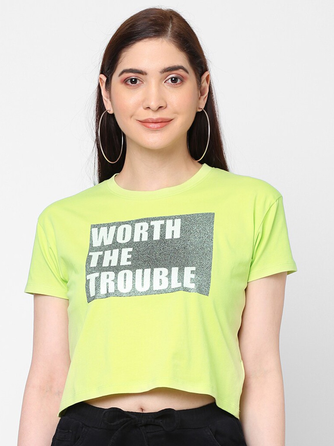 

Kraus Jeans Women Lime Green & Grey Typography Printed Slim Fit T-shirt