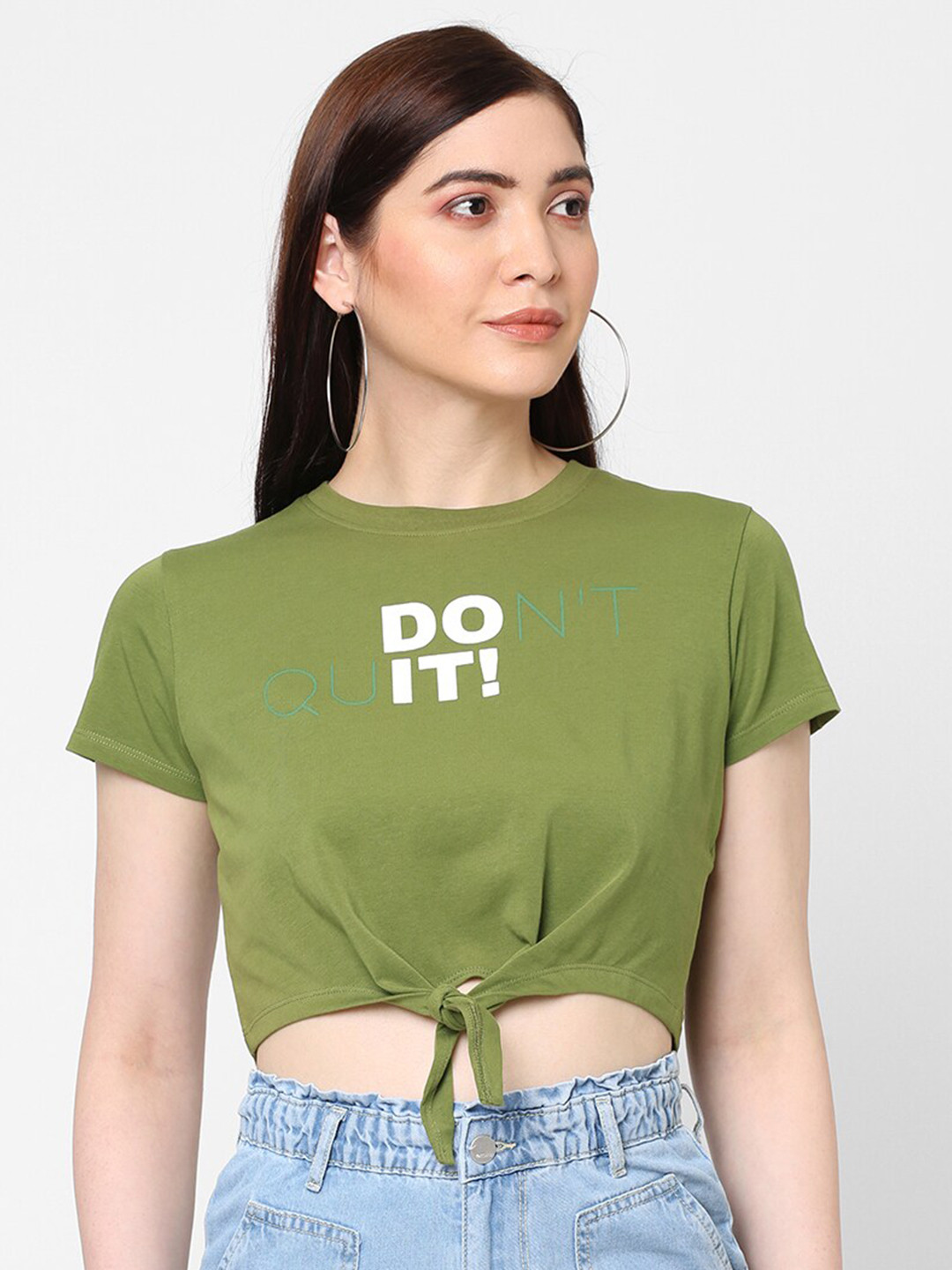 

Kraus Jeans Olive Green & White Print Extended Sleeves Crop Top