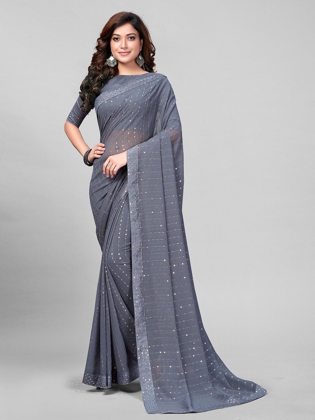 

Mitera Grey Embellished Sequinned Pure Georgette Saree With Unstitched Blouse Piece