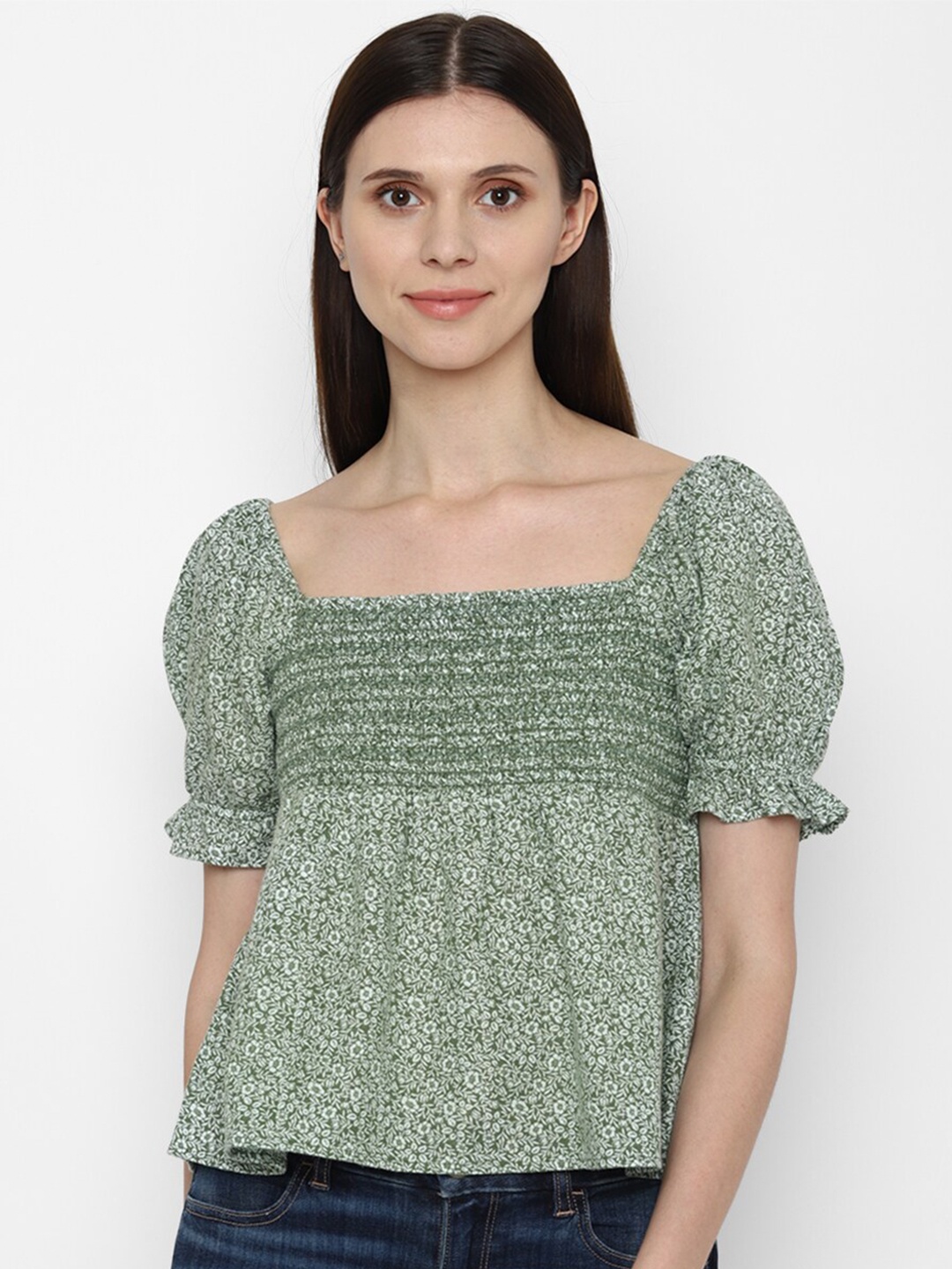 

AMERICAN EAGLE OUTFITTERS Women Green Floral Print Empire Top
