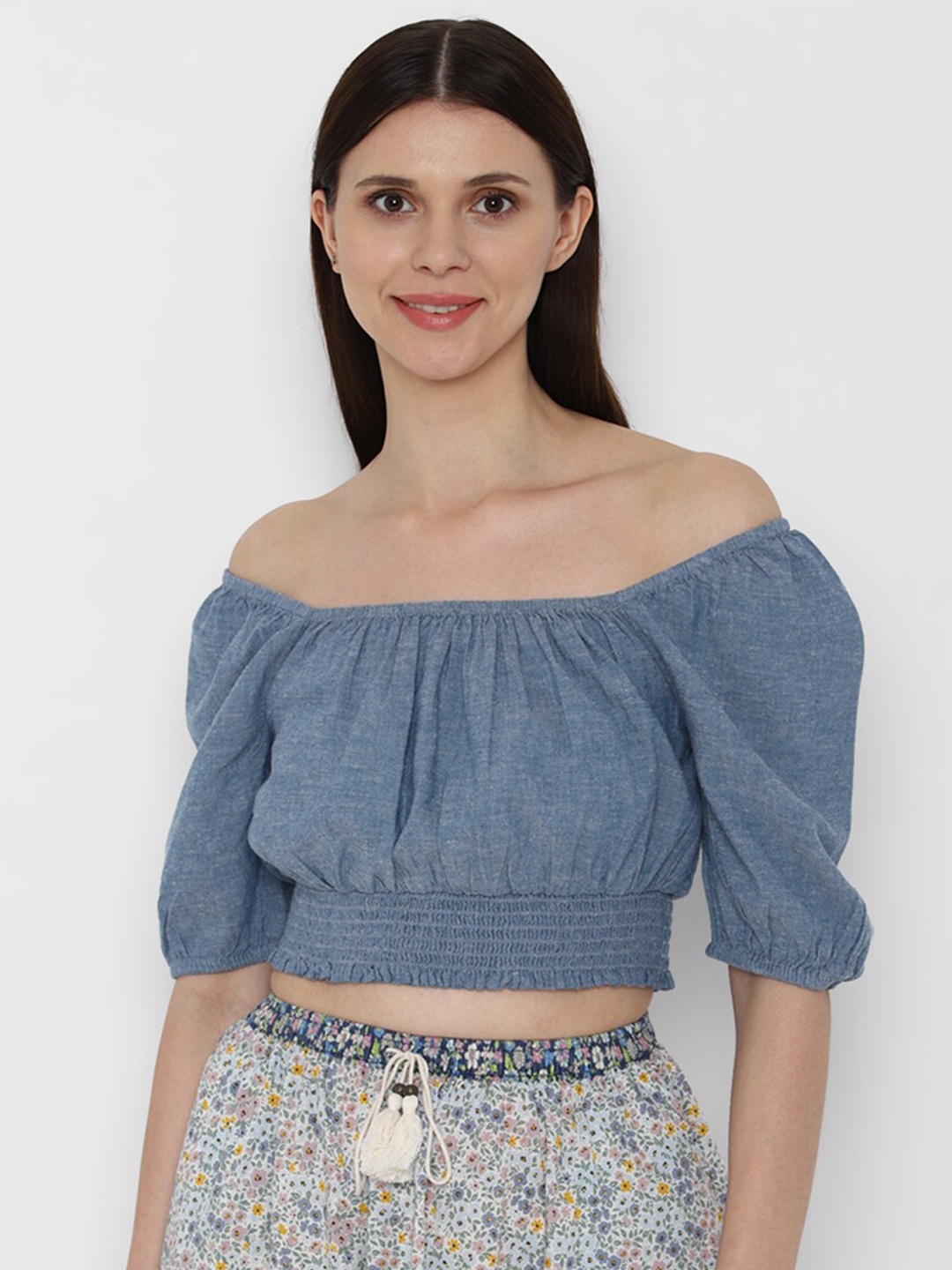 

AMERICAN EAGLE OUTFITTERS Women Blue Off-Shoulder Bardot Crop Top