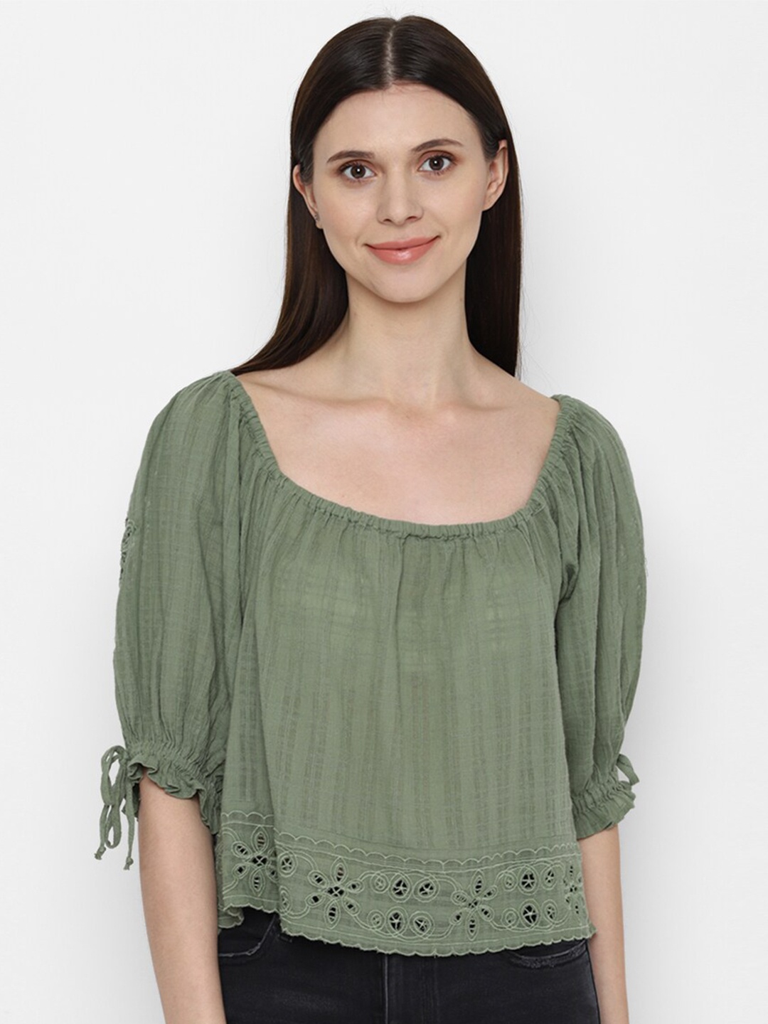 

AMERICAN EAGLE OUTFITTERS Women Green Pure Cotton Schiffli Top