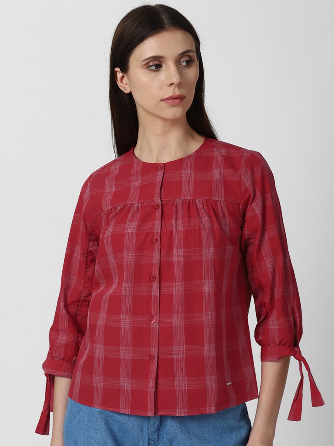 

Van Heusen Woman Maroon Checked Cotton Top