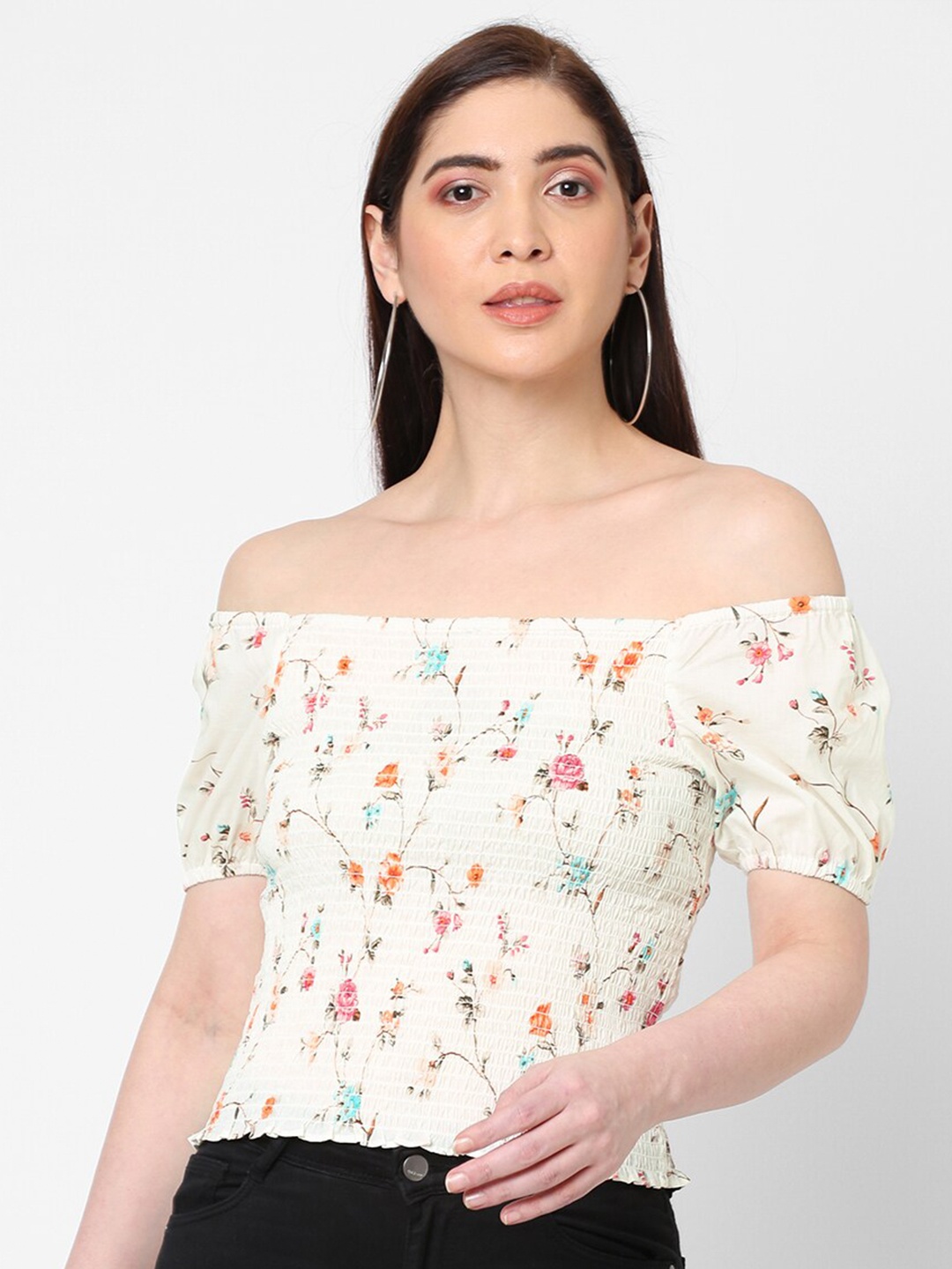 

Kraus Jeans Off White Floral Print Off-Shoulder Bardot Top