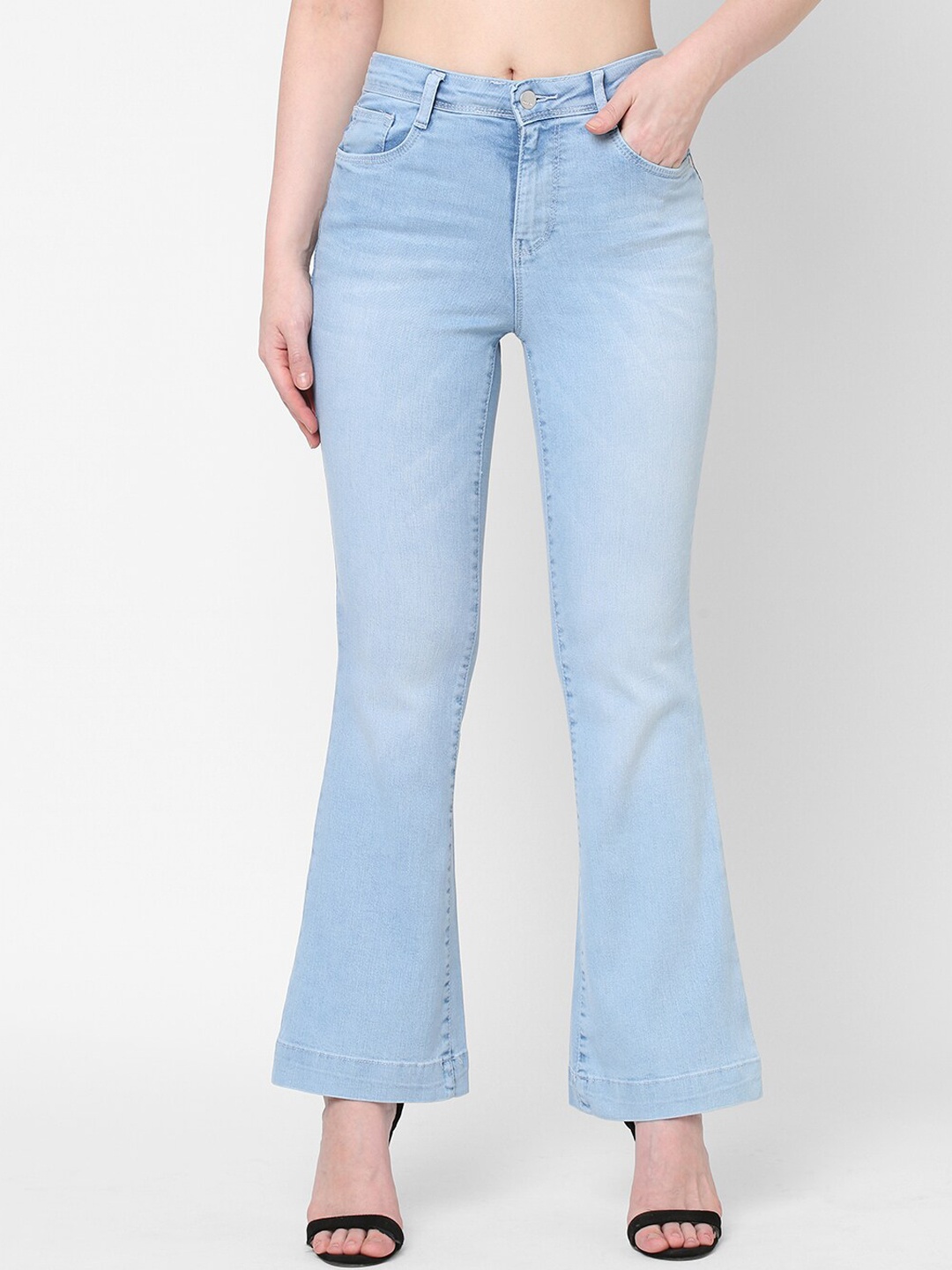 Kraus Jeans Women Blue Flared High-Rise Light Fade Jeans