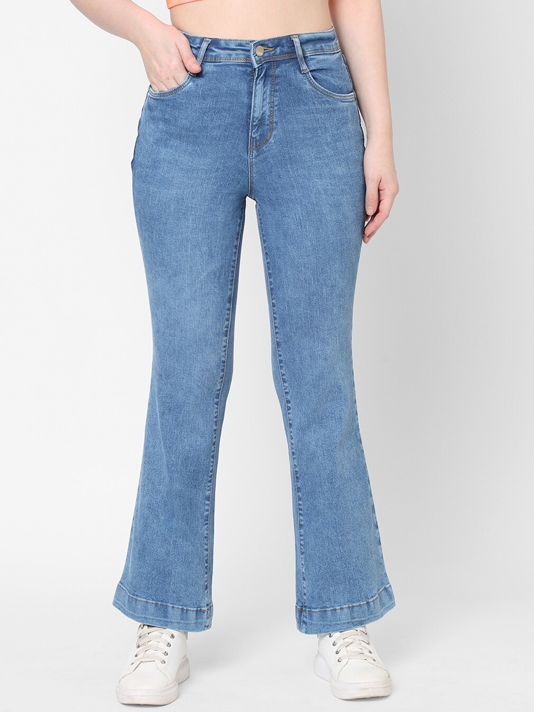 

Kraus Jeans Women Blue Flared High-Rise Light Fade Jeans