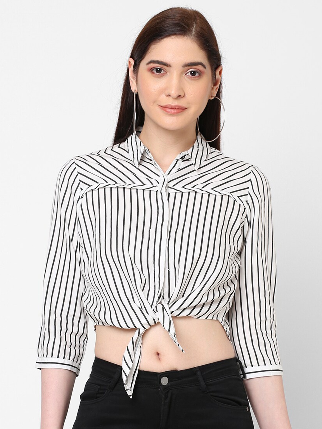 

Kraus Jeans Women Black Slim Fit Striped Casual Shirt