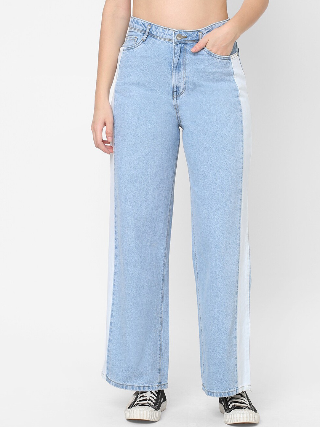 

Kraus Jeans Women Blue Wide Leg High-Rise Colourblocked Jeans