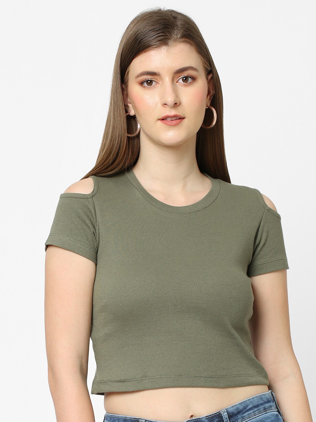 

Kraus Jeans Women Olive Green Solid Crop Top