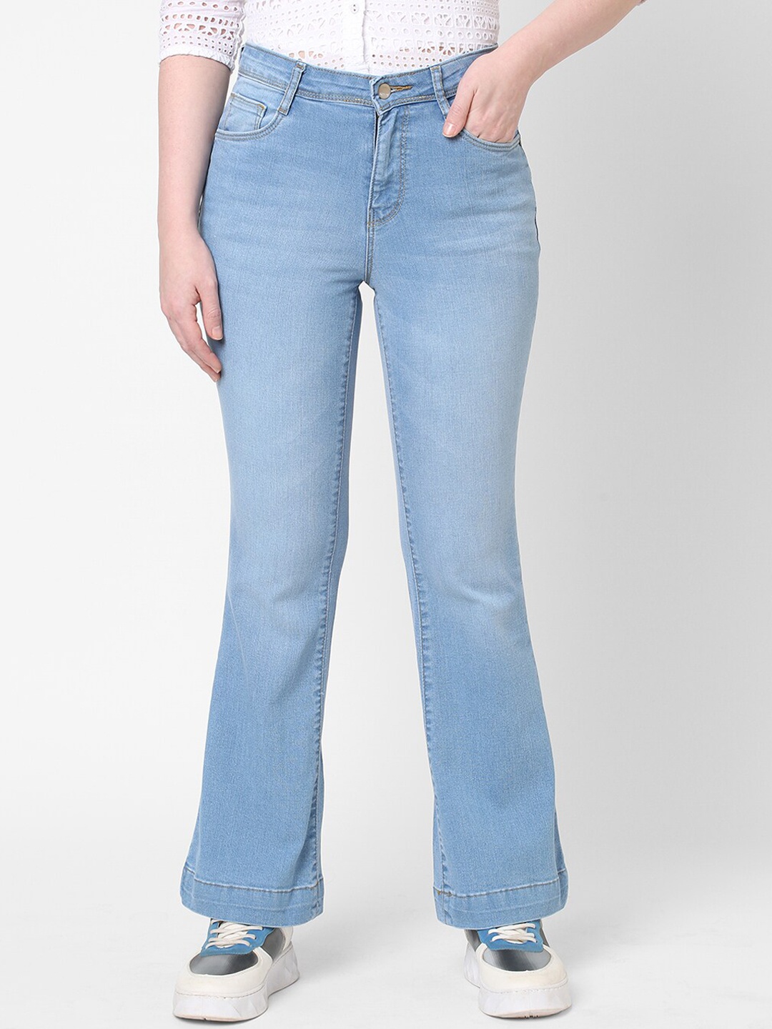 

Kraus Jeans Women Blue Flared High-Rise Light Fade Jeans