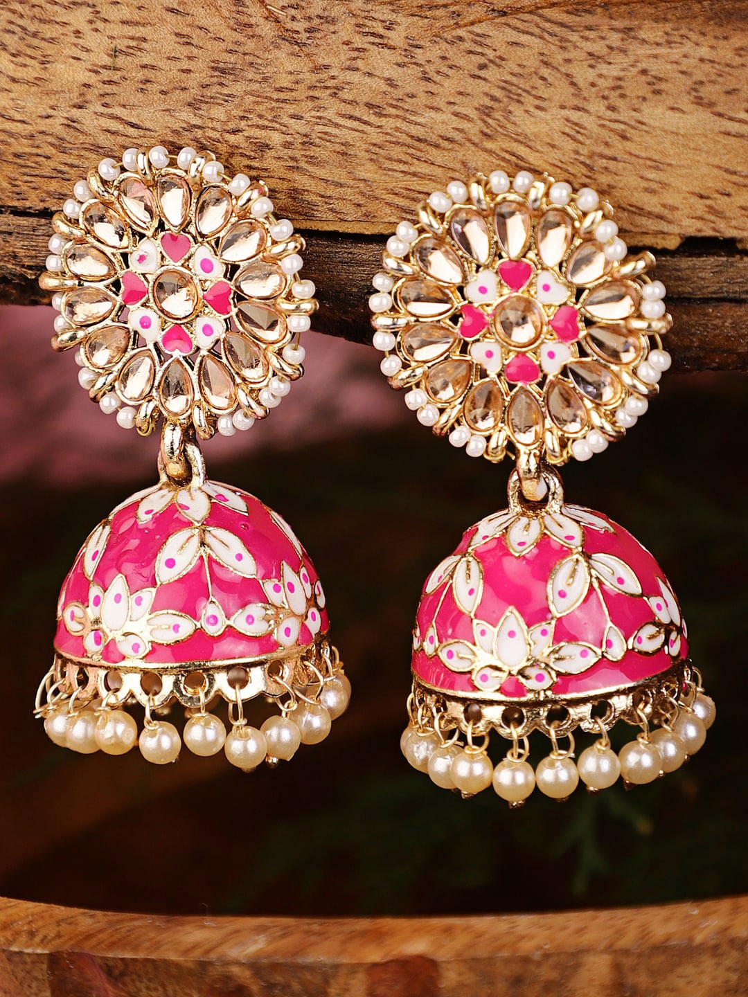 

Shining Diva Gold-Toned & Pink Kundan Studded Dome Shaped Jhumkas Earrings