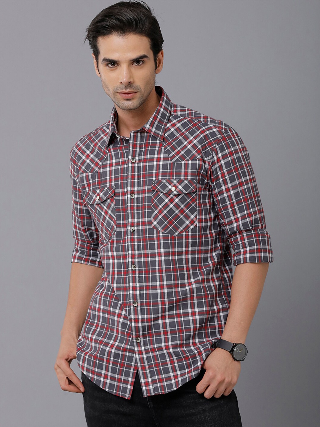 

YOVISH Men Grey Smart Slim Fit Tartan Checks Checked Casual Shirt
