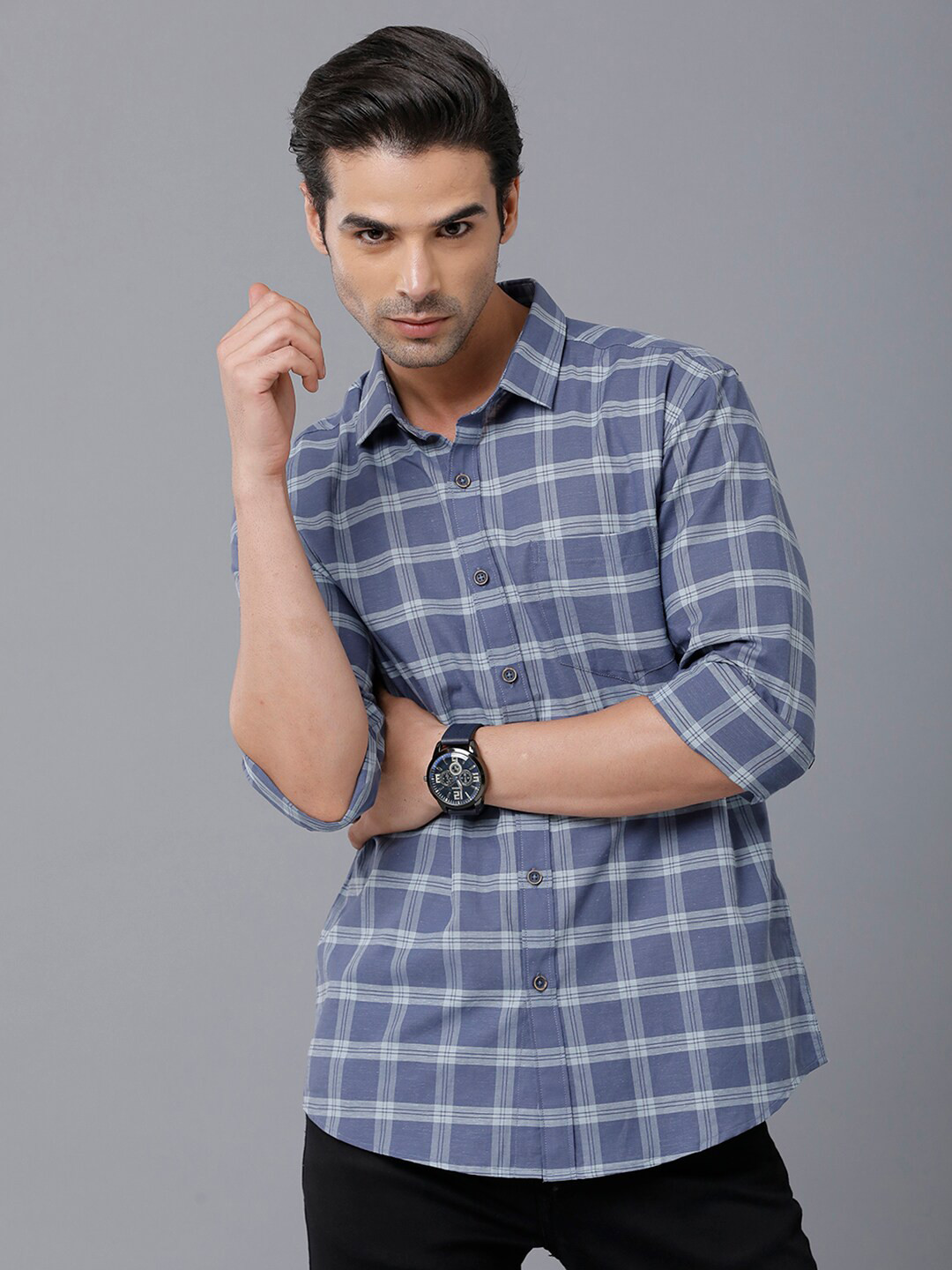 

YOVISH Men Blue Smart Slim Fit Windowpane Checks Checked Casual Shirt