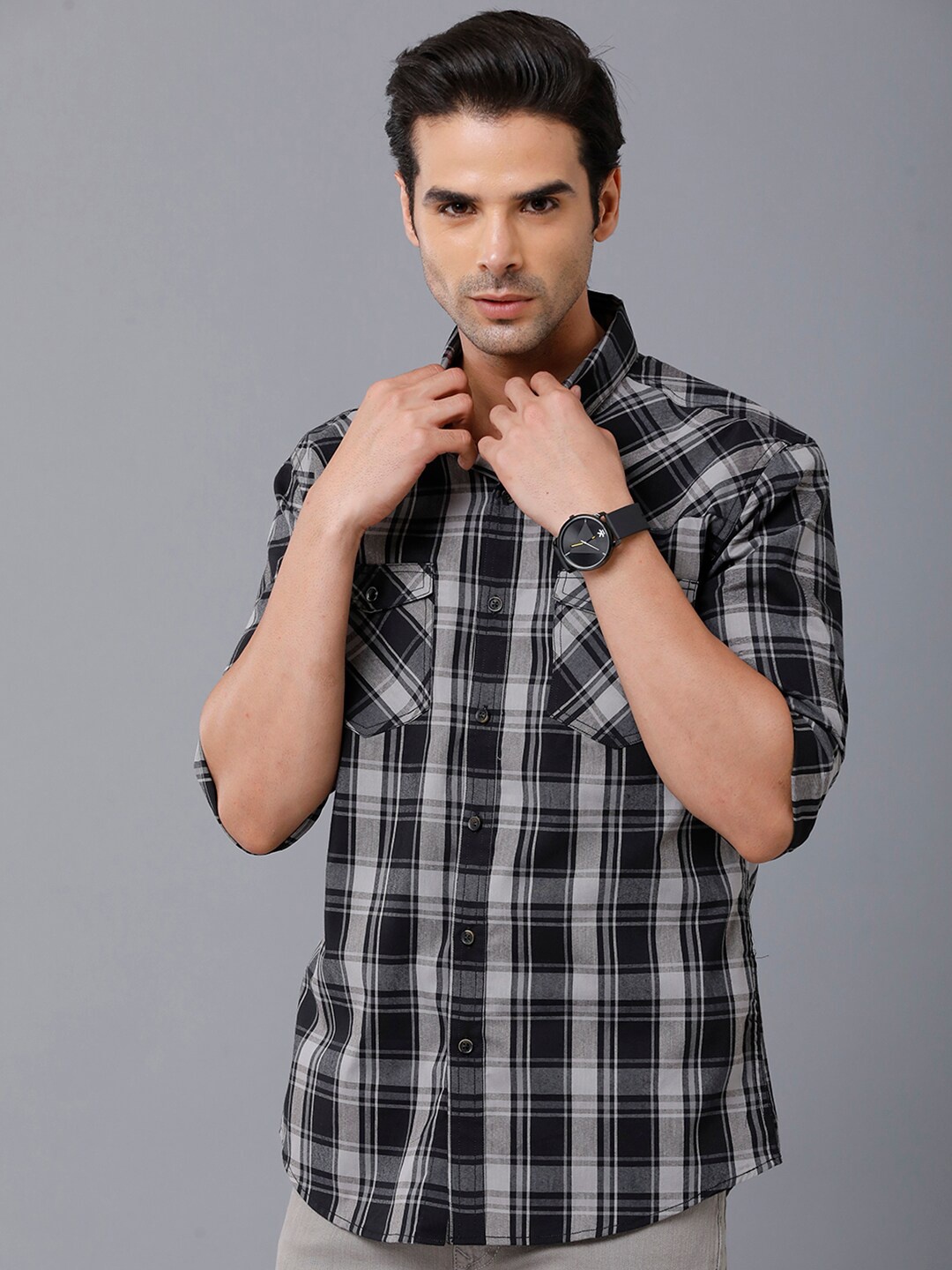 

YOVISH Men Black Smart Slim Fit Tartan Checks Checked Casual Shirt