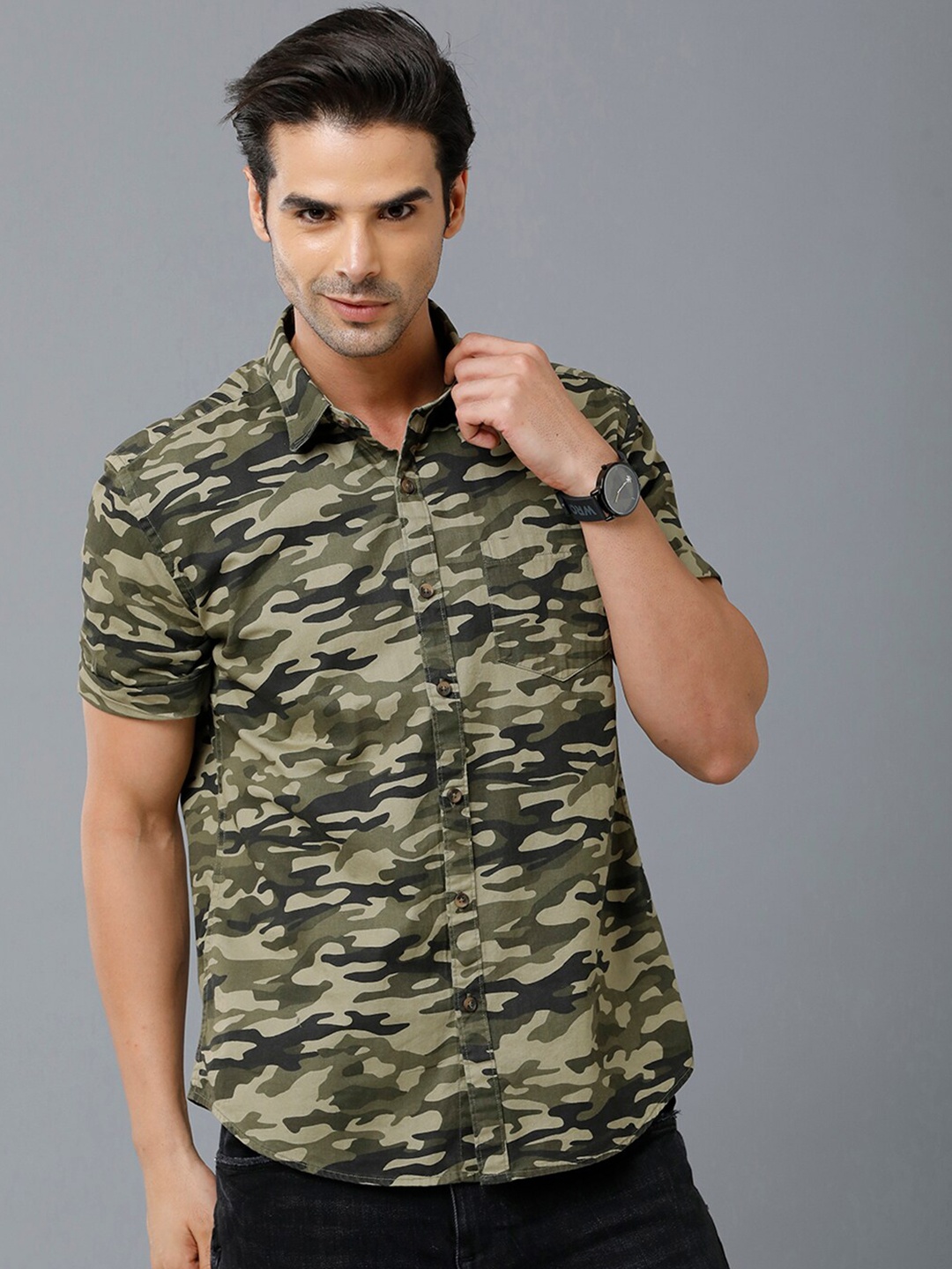 

YOVISH Men Olive Green Camouflage Smart Slim Fit Printed Casual Shirt