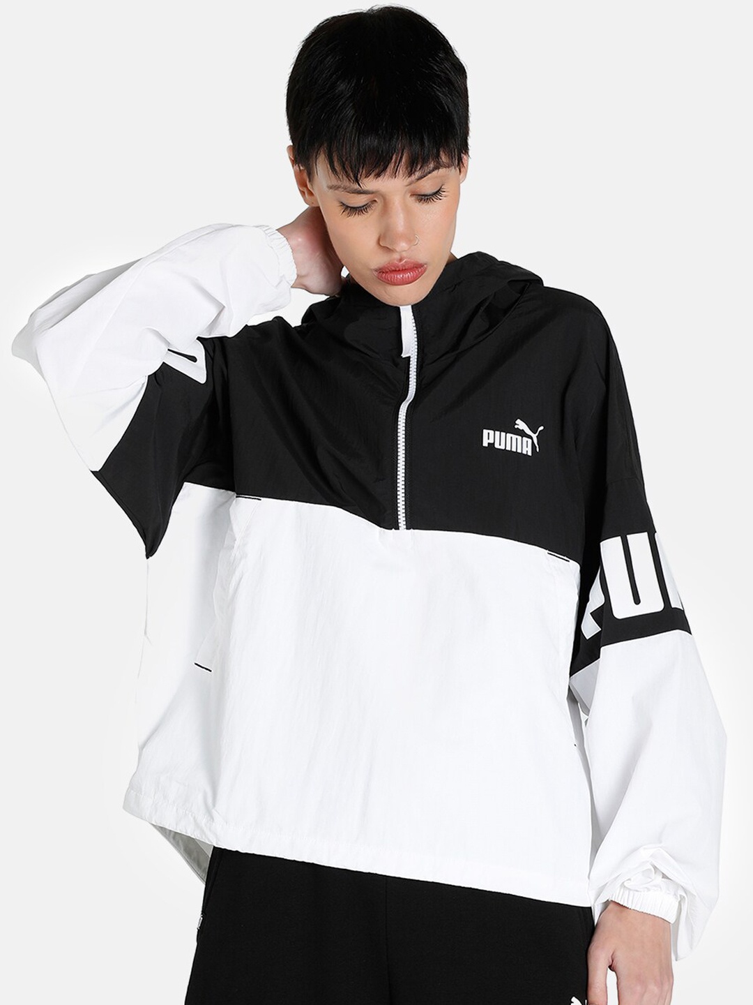 

Puma Women White & Black Color-Blocked Relaxed-Fit Cropped Jacket