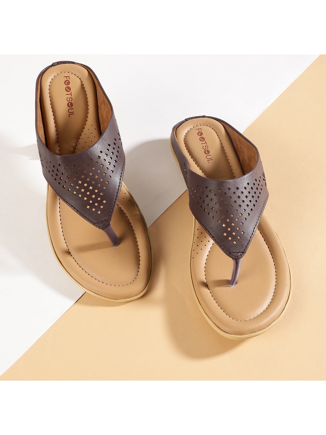 

FOOTSOUL Women Brown Open Toe Flats With Laser Cuts