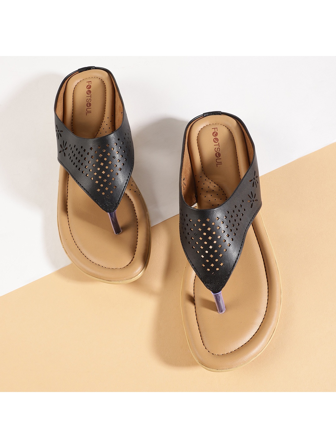 

FOOTSOUL Women Black T-Strap Flats with Laser Cuts