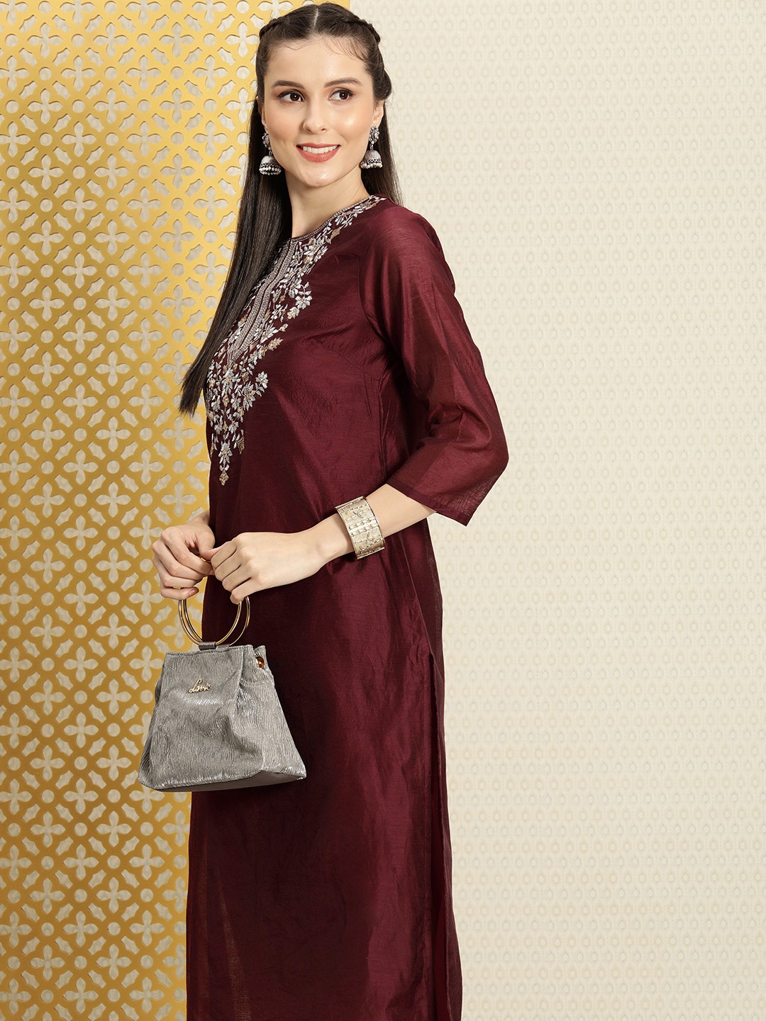

House of Pataudi Women Maroon Ethnic Motifs Embroidered Kurta