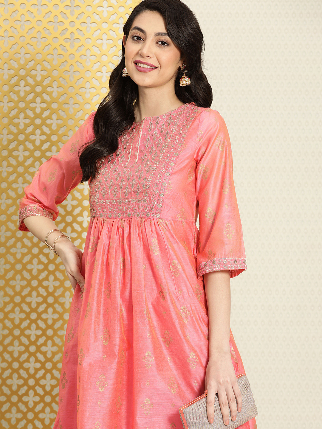 

House of Pataudi Women Jashn Floral Printed A-Line Kurta, Pink