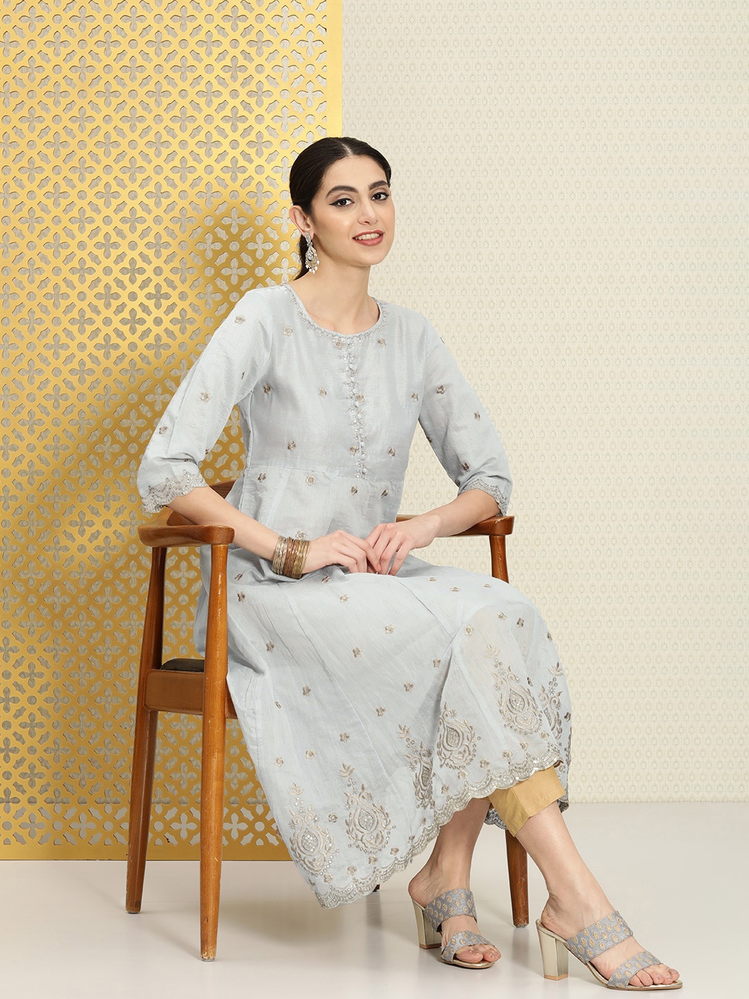 

House of Pataudi Jashn Embroidered Anarkali Kurta, Grey