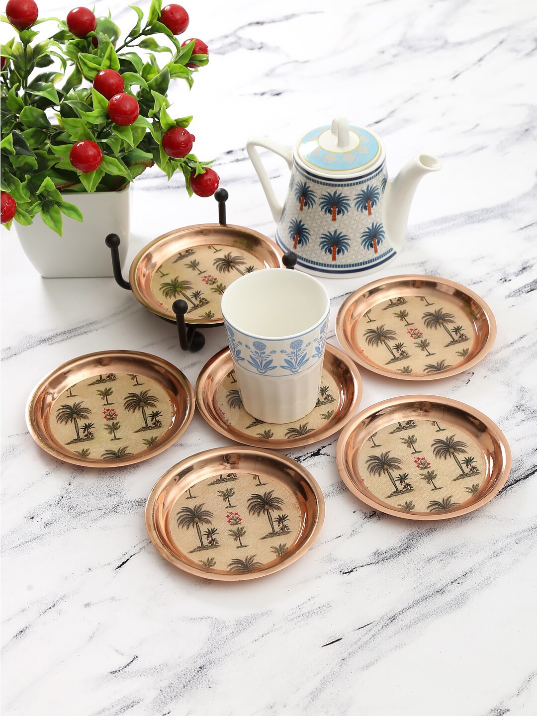 

India Circus by Krsnaa Mehta Set Of 6 Beige Palm Printed Coasters