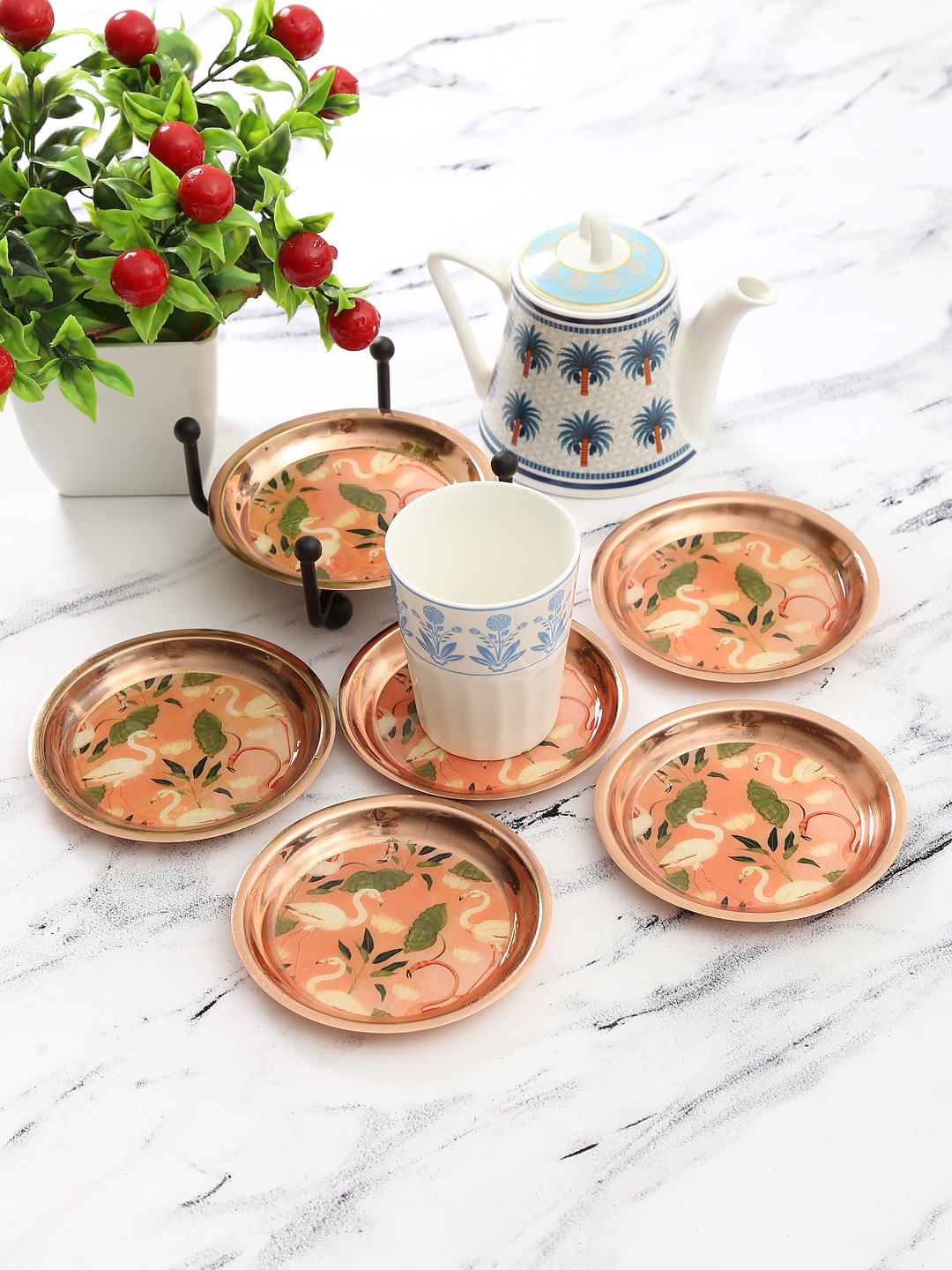 

India Circus by Krsnaa Mehta Set of 6 Peach Coloured Printed Circular Coasters