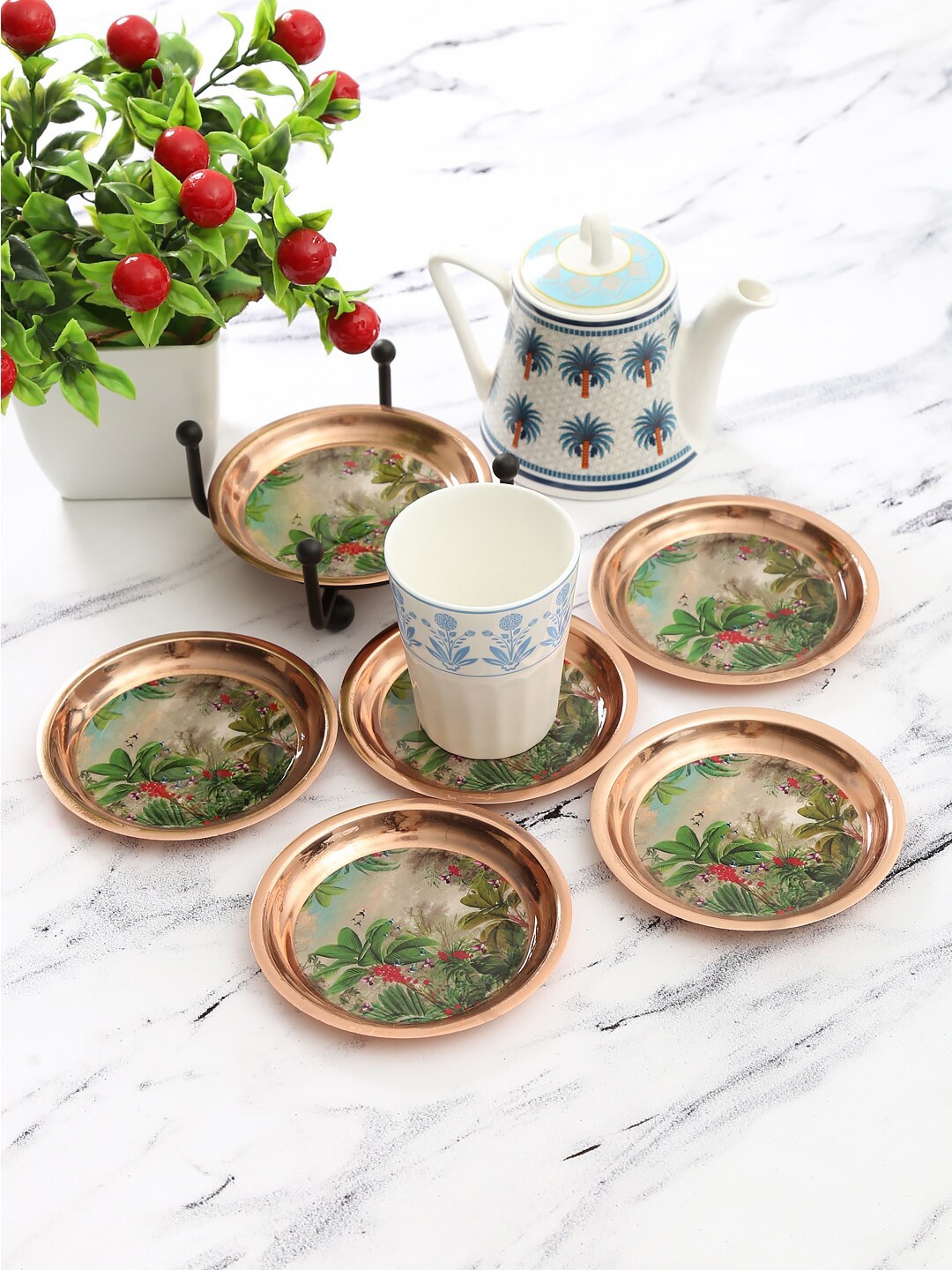 

India Circus by Krsnaa Mehta Set of 6 Beige & Green Printed Coasters