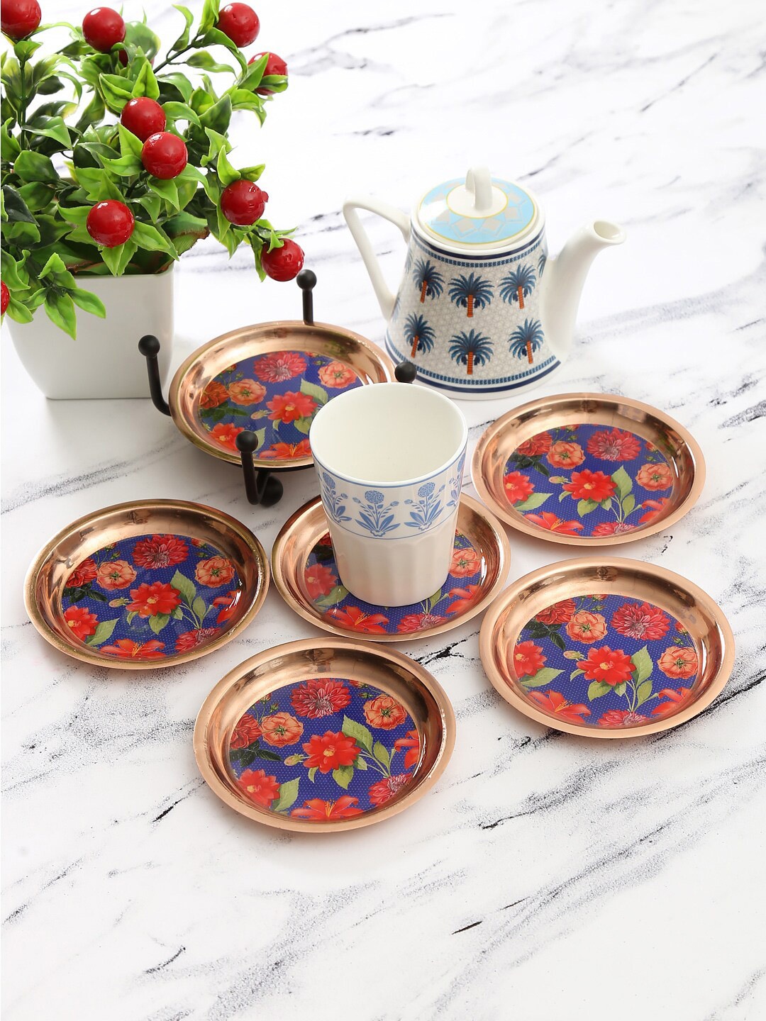 

India Circus by Krsnaa Mehta Blue & Bronze-Colored Printed Metal Coasters