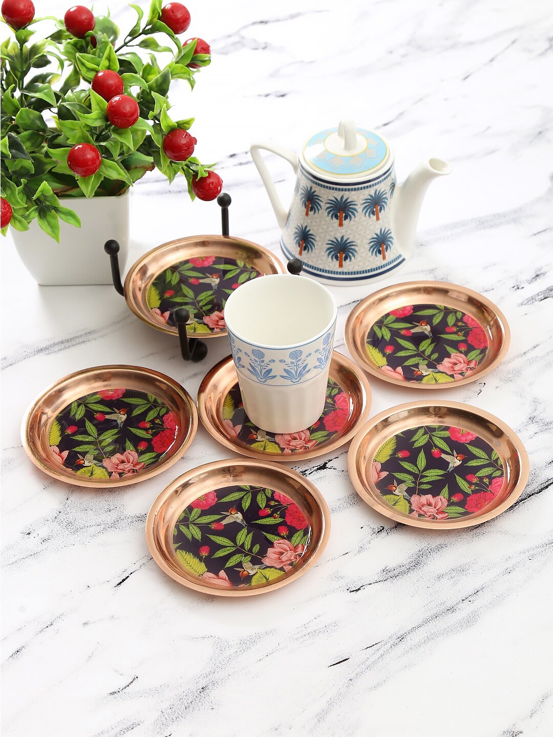 

India Circus by Krsnaa Mehta Set Of 6 Black Printed Round Coasters