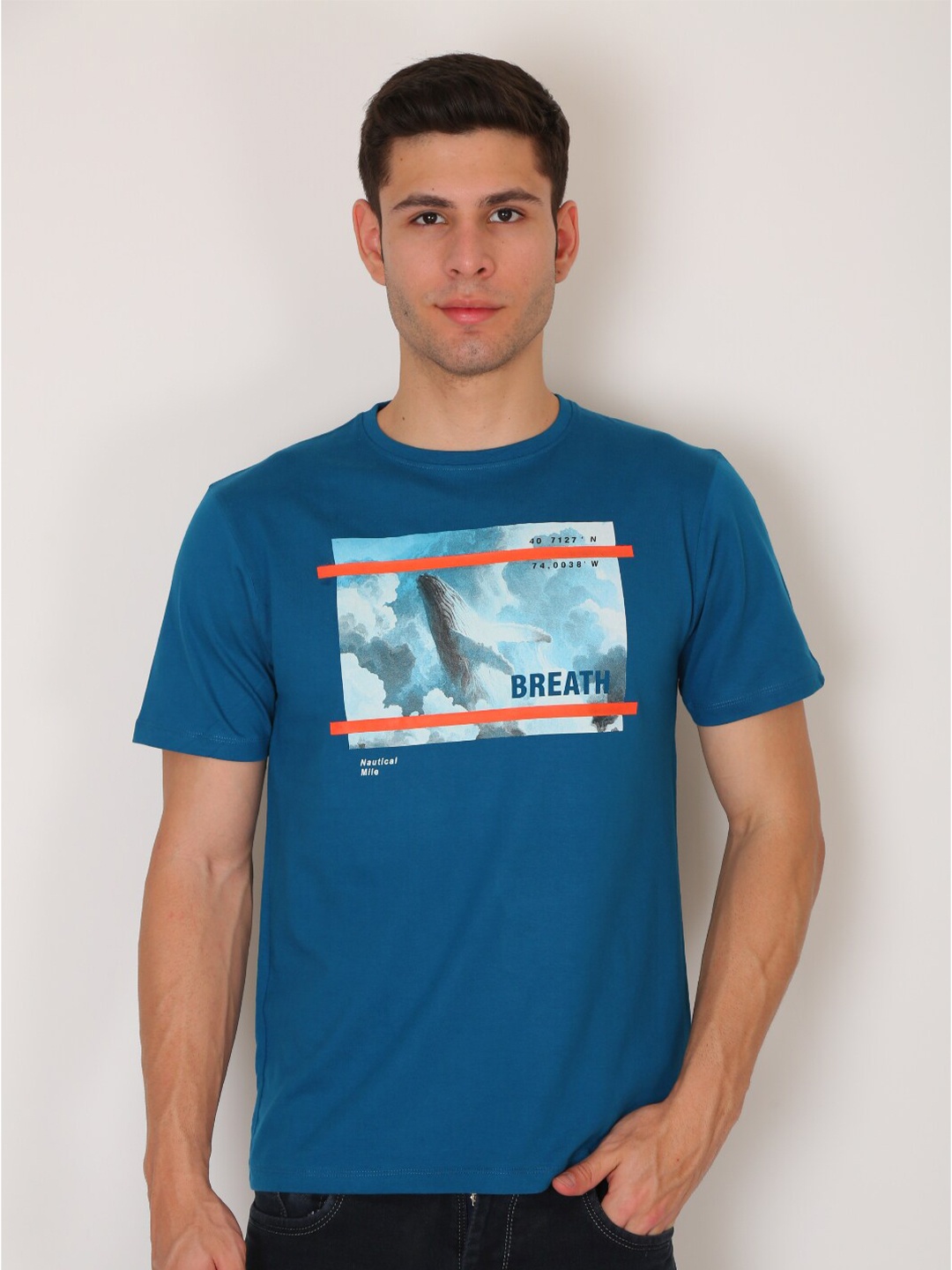 

VINSON Men Teal & Blue Printed Slim Fit T-shirt