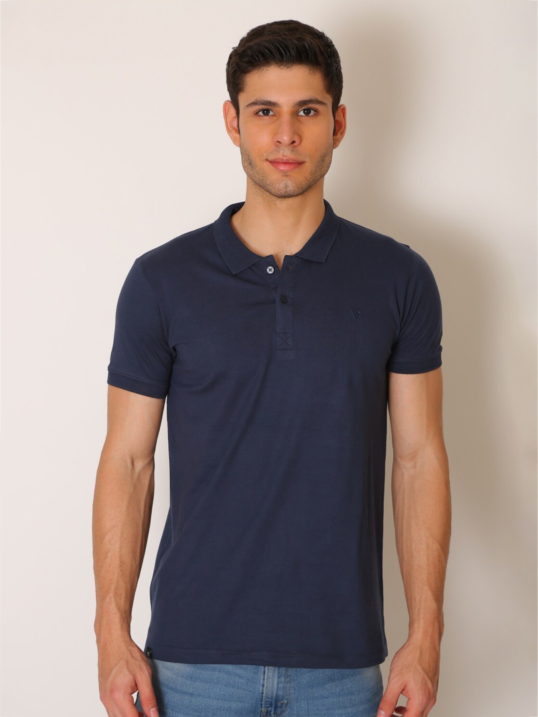 

VINSON Men Navy Blue Polo Collar Slim Fit T-shirt