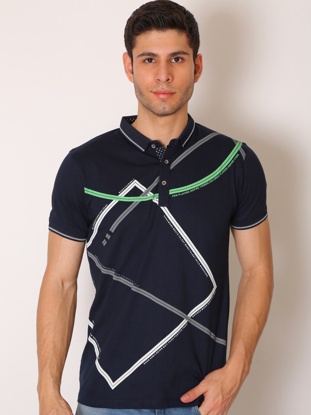 

VINSON Men Navy Blue Printed Polo Collar Slim Fit T-shirt