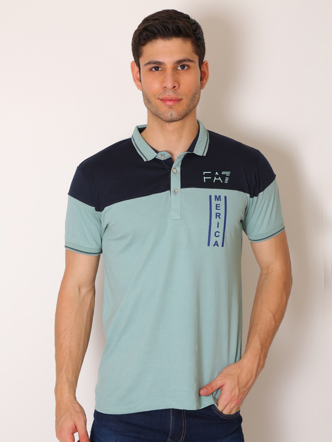 

VINSON Men Turquoise Blue Colourblocked Polo Collar Slim Fit T-shirt