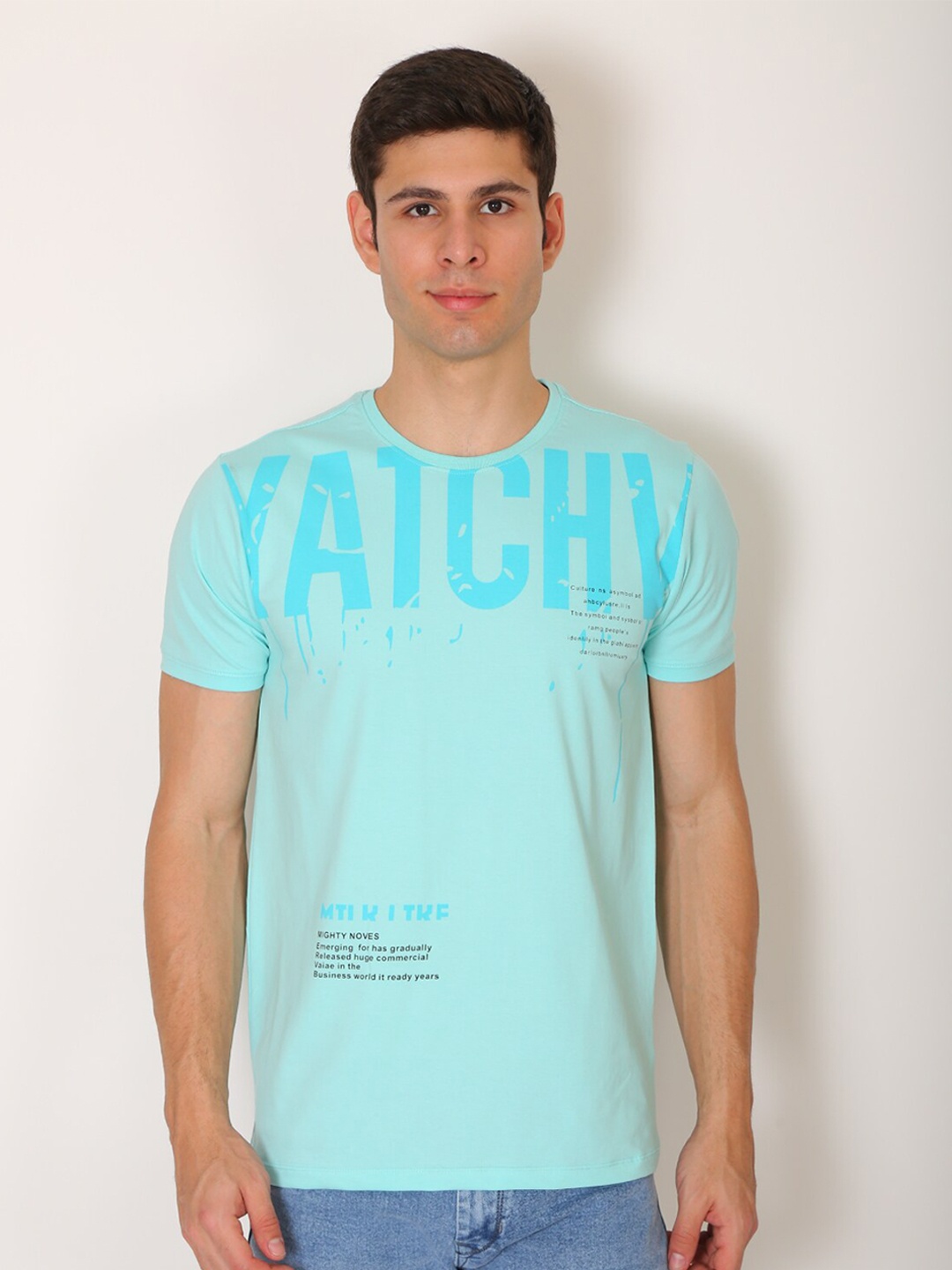 

VINSON Men Turquoise Blue Typography Printed Slim Fit T-shirt