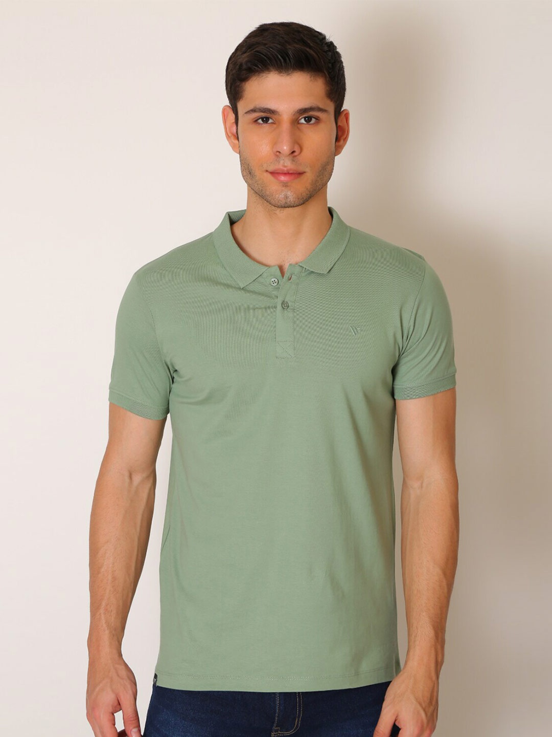 

VINSON Men Olive Green Polo Collor Slim Fit T-shirt