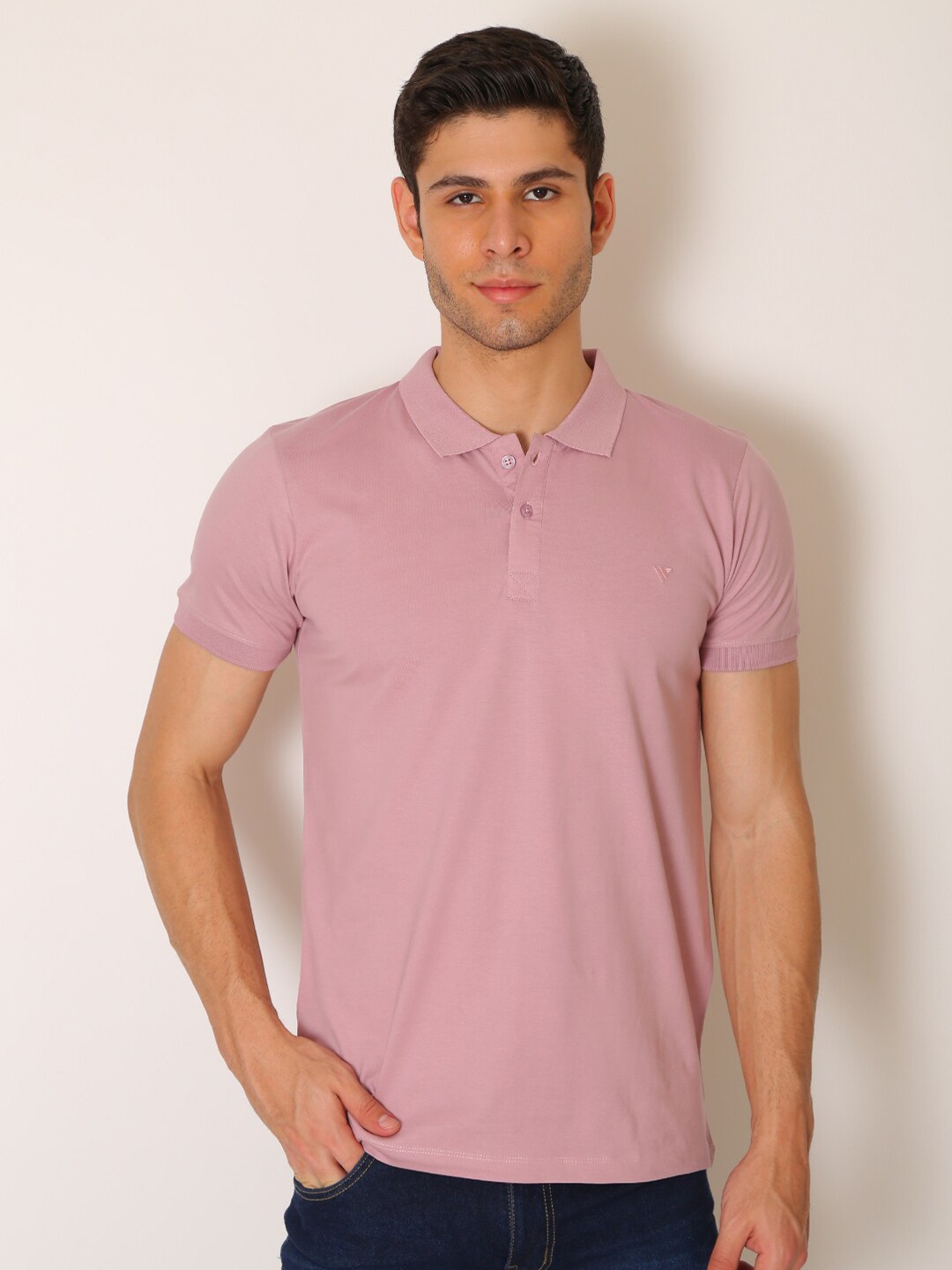 

VINSON Men Pink Polo Collar Slim Fit T-shirt