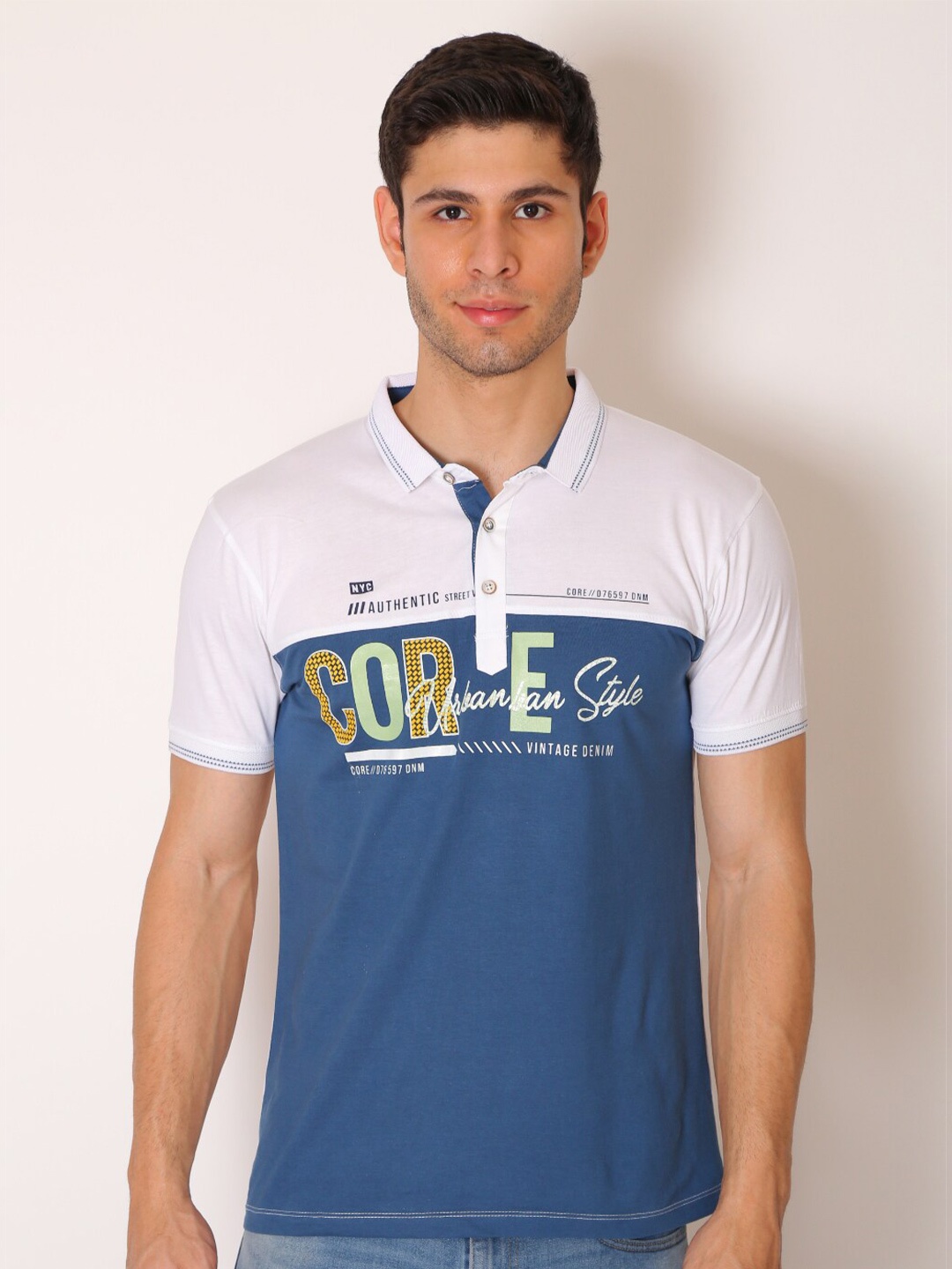 

VINSON Men Blue & White Colourblocked Polo Collar Cotton Slim Fit T-shirt