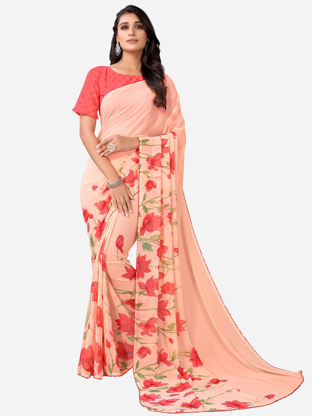 

SIRIL Peach-Coloured & Red Floral Saree