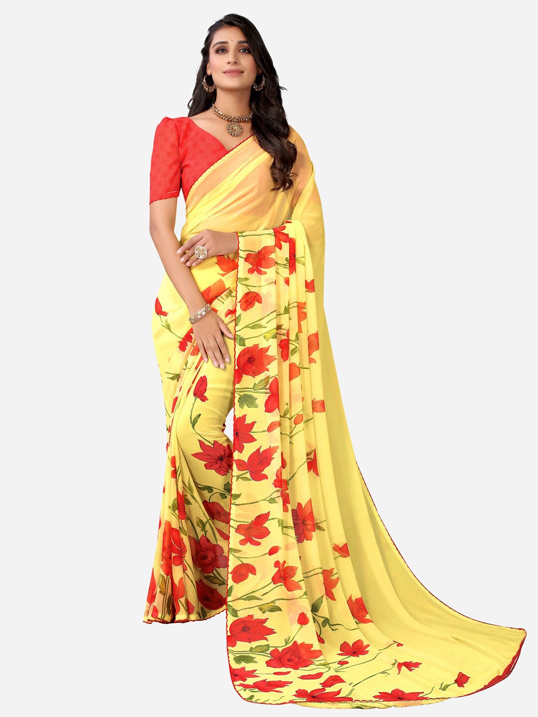 

SIRIL Yellow & Red Floral Printed Poly Georgette Lace Saree